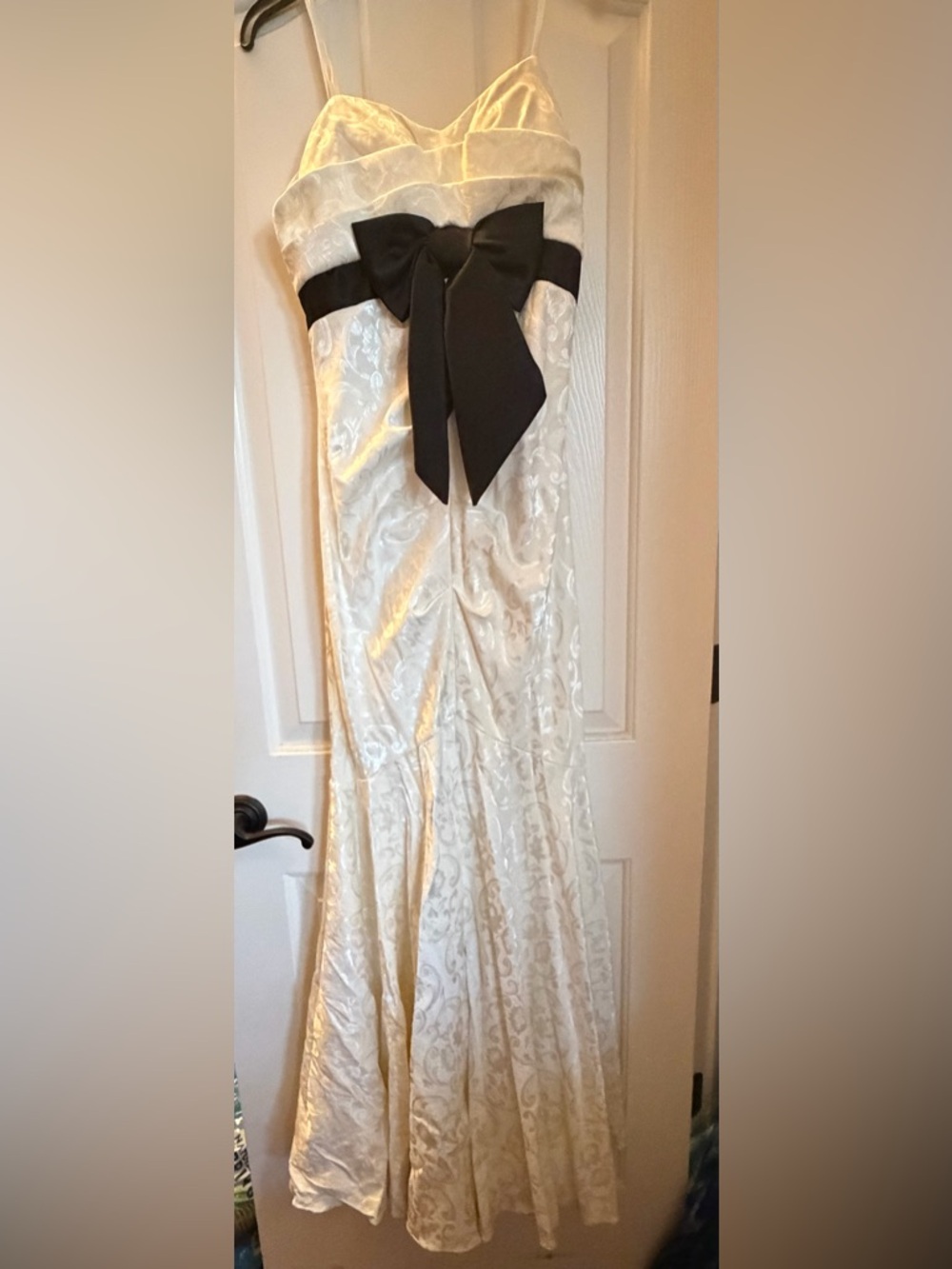 Ivory Brocade Formal Dress with Black Bow Accent